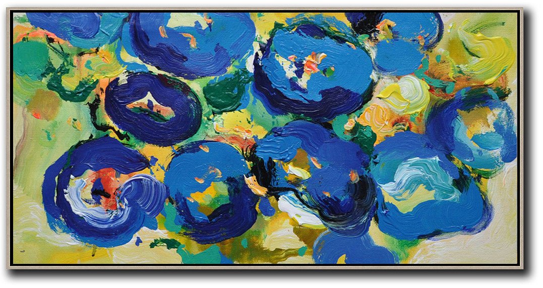 Handmade Painting Large Abstract Art,Horizontal Palette Knife Contemporary Art Panoramic Canvas Painting,Hand Painted Acrylic Painting,Blue,Yellow,Green.etc